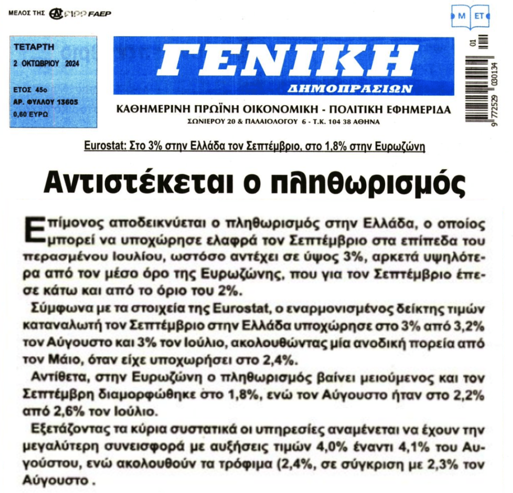 Πληθωρισμός: 1,8% στην Ευρωζώνη, 3% στην Ελλάδα…