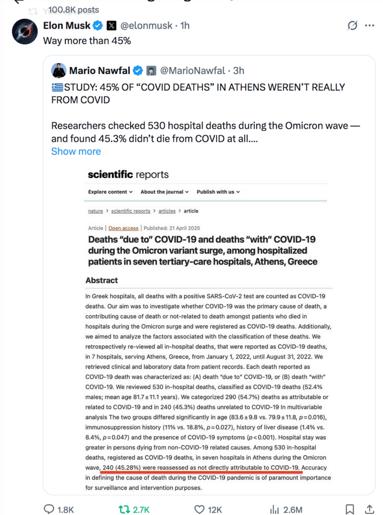 Ο Musk σχολιάζει έρευνα ότι στην Ελλάδα έβαζαν ως θάνατο από Covid θανάτους από άλλες αιτίες! 1 μασκ κοβιντ ελλαδα