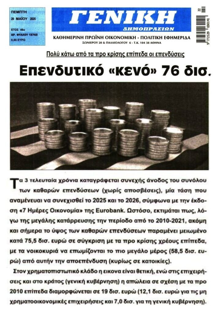 Επενδυτικό κενό δεκάδων δις….