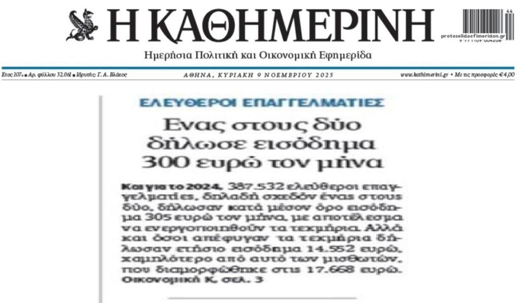 Ελεύθεροι επαγγελματίες: Ένας στους δύο δηλώνει εισόδημα 300€/μήνα!