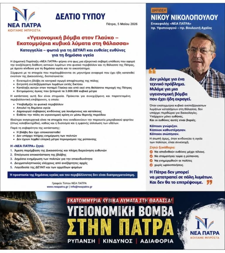 Νίκος Νικολόπουλος: Μήνυση κατά του δήμου Πάτρας για «υγειονομική βόμβα» στον Γλαύκο